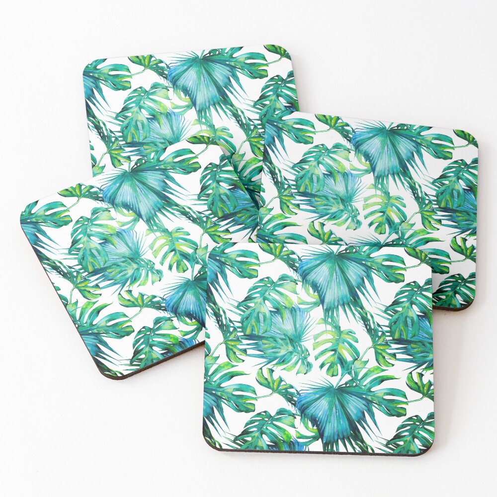 Blue Jungle Leaves, Monstera, Palm Coasters (Set of 4)