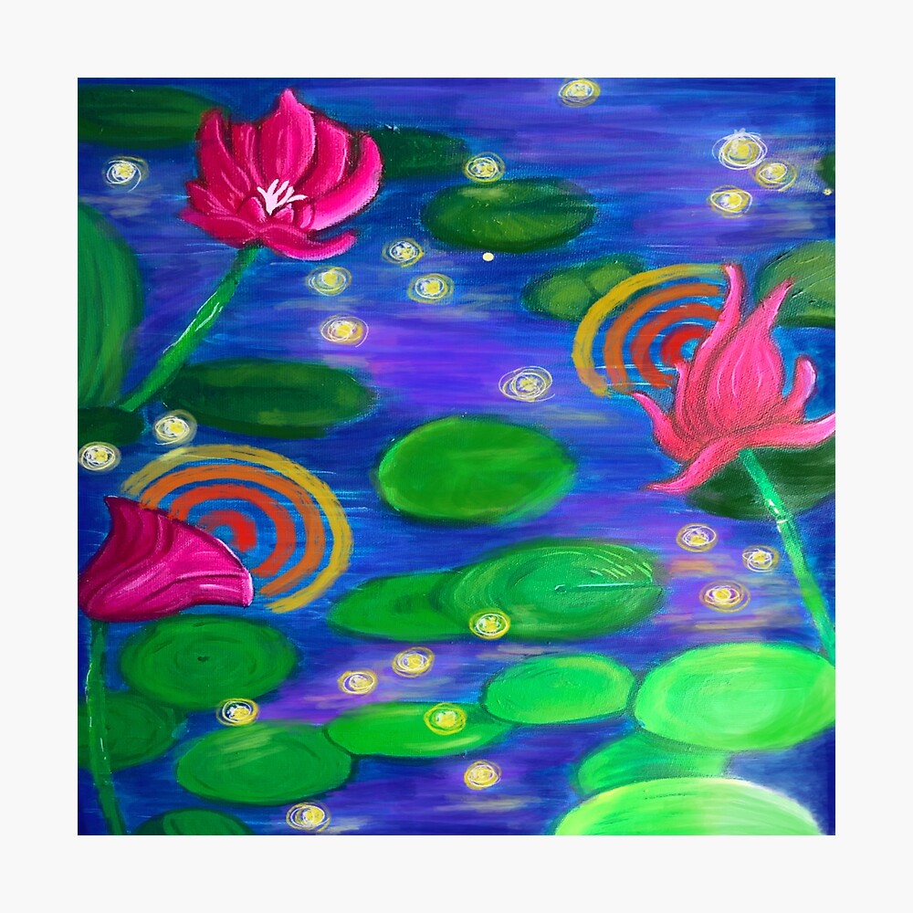 Fireflies And Lily Pond Painting Poster By Artsy Niki Redbubble