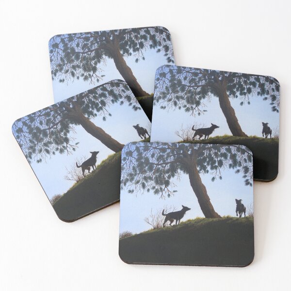 Item preview, cone tree on hillside with dogs playing   designed and sold by pollywolly.