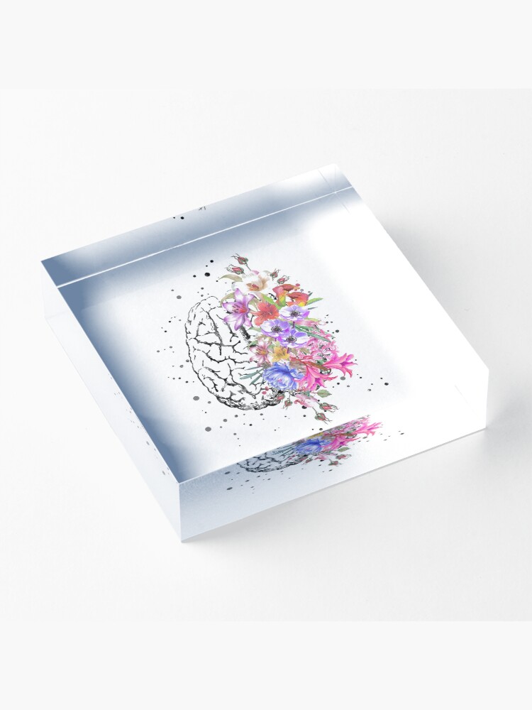 Alternate view of Brain anatomy, watercolor Brain, flowers brain, brain with Flowers Acrylic Block