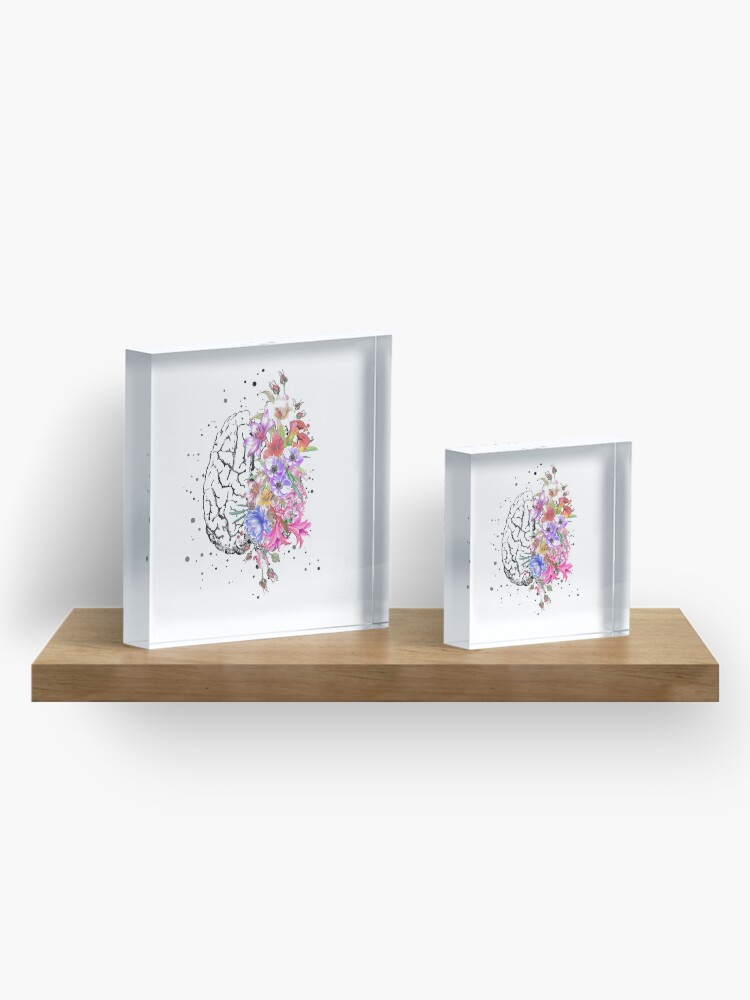 Alternate view of Brain anatomy, watercolor Brain, flowers brain, brain with Flowers Acrylic Block