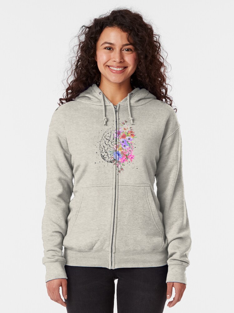 Alternate view of Brain anatomy, watercolor Brain, flowers brain, brain with Flowers Zipped Hoodie