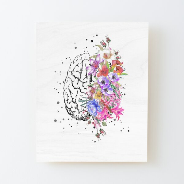 Brain anatomy,  watercolor Brain, flowers brain, brain with Flowers Wood Mounted Print