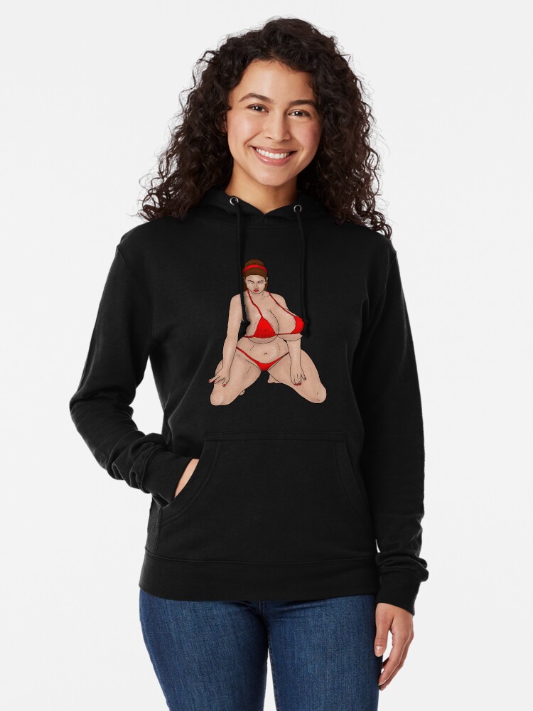 big-breasted, kneeling pin-up in a red bikini | Lightweight Hoodie