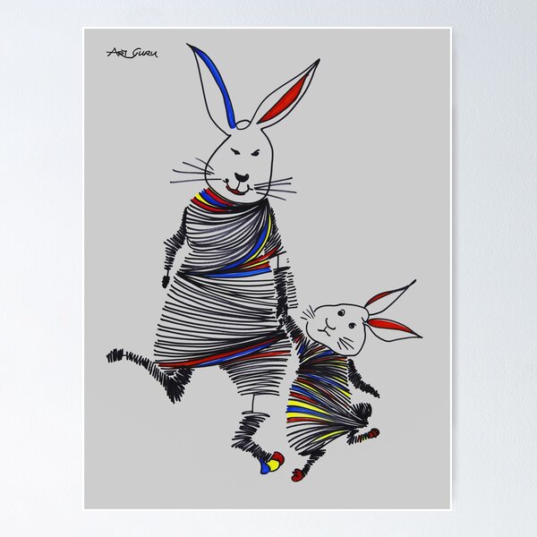 Two Rabbits Walking By Art Guru 0577, 22 X 28, - Ink On Paper
