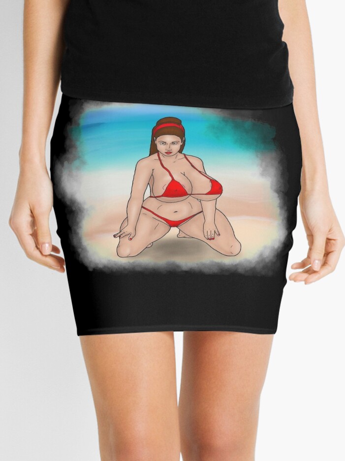 Big breasted, kneeling pin-up in a red bikini on the beach | Mini Skirt