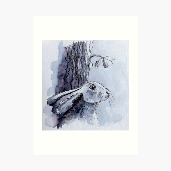 Hare stared out into the darkness - monochrome Art Print