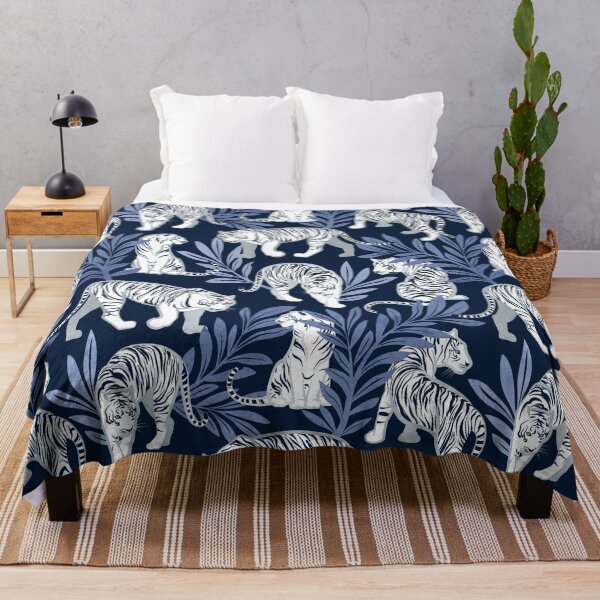 Item preview, Nouveau white tigers // navy blue background blue leaves silver lines white animal designed and sold by SelmaCardoso.