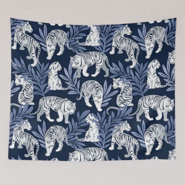 Item preview, Nouveau white tigers // navy blue background blue leaves silver lines white animal designed and sold by SelmaCardoso.