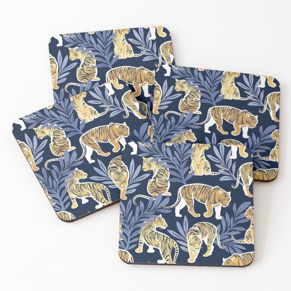 Item preview, Nouveau yellow tigers // navy blue background blue leaves white lines yellow gold animals designed and sold by SelmaCardoso.