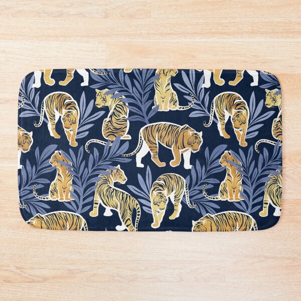 Item preview, Nouveau yellow tigers // navy blue background blue leaves white lines yellow gold animals designed and sold by SelmaCardoso.