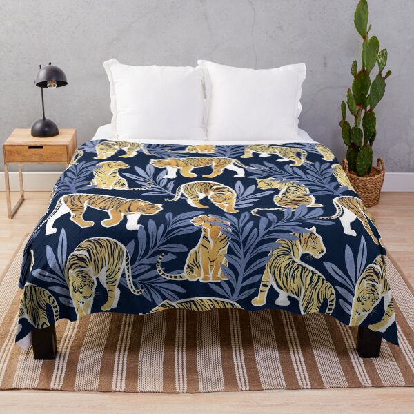 Item preview, Nouveau yellow tigers // navy blue background blue leaves white lines yellow gold animals designed and sold by SelmaCardoso.