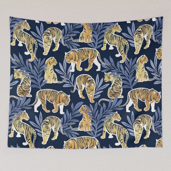 Item preview, Nouveau yellow tigers // navy blue background blue leaves white lines yellow gold animals designed and sold by SelmaCardoso.