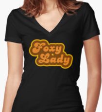 Foxy Lady - Retro 70er Jahre - Logo Tailliertes T-Shirt mit V-Ausschnitt