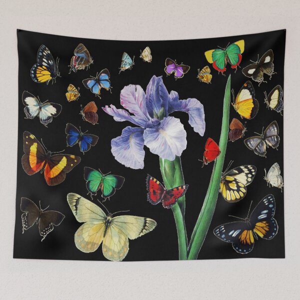 Item preview, IRIS FLOWER AMONG COLORFUL BUTTERFLIES IN BLACK  Beauty Nature Collection designed and sold by BulganLumini.