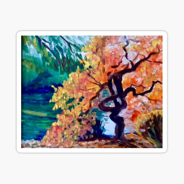 Twisted tree by the river by American Artist Hilary J. England Sticker