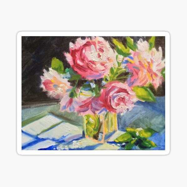 Pink flowers and cool evening shadows by American Artist Hilary J. England Sticker