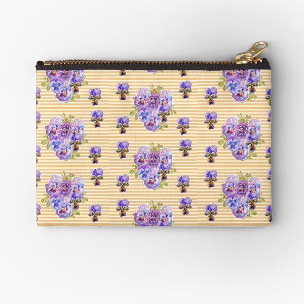 Shabby Chic Purple Pansy Watercolor Yellow Stripe Zipper Pouch