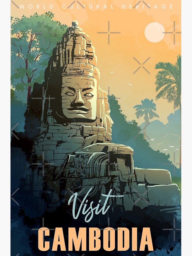 Disover Buddha Temple in Angkor Wat, Cambodia. Vintage travel poster. Premium Matte Vertical Poster