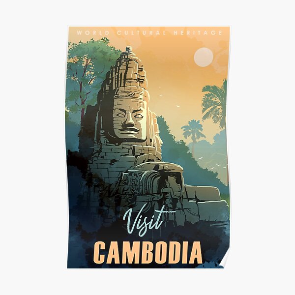 Buddha Temple in Angkor Wat, Cambodia. Vintage travel poster. Poster