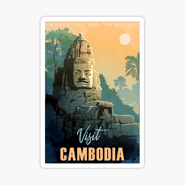 Buddha Temple in Angkor Wat, Cambodia. Vintage travel poster. Sticker