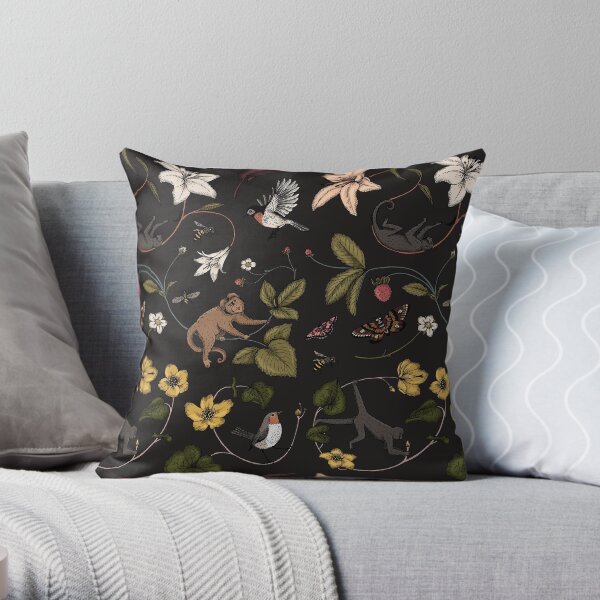 Monkeys in the Mist - black Throw Pillow