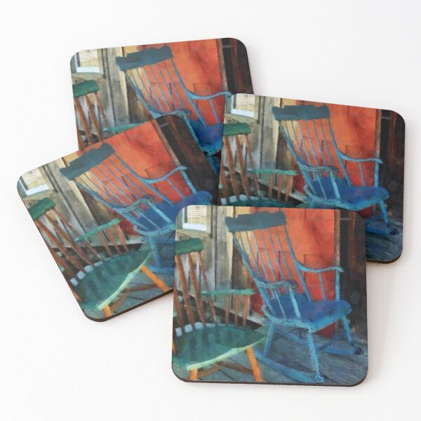 Item preview, Blue and Green Rocking Chairs Against Red Door designed and sold by Susan Savad.