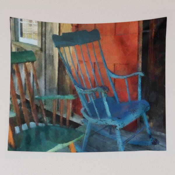 Item preview, Blue and Green Rocking Chairs Against Red Door designed and sold by Susan Savad.
