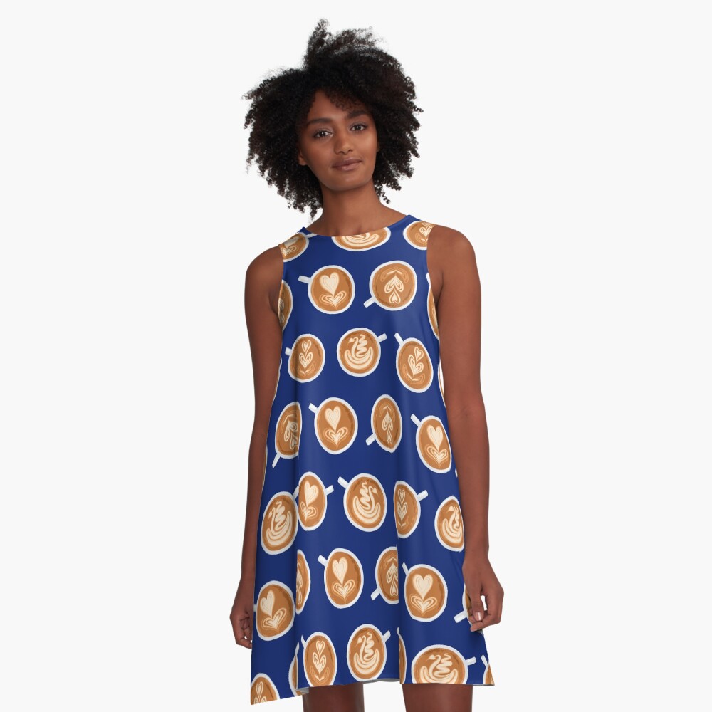 Coffee Art Cups on navy A-Line Dress