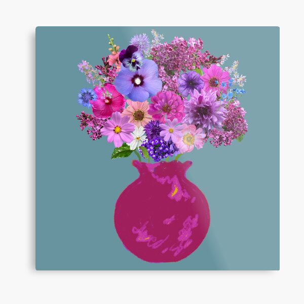 Magenta vase still life on seaglass blue by Tea with Xanthe Metal Print