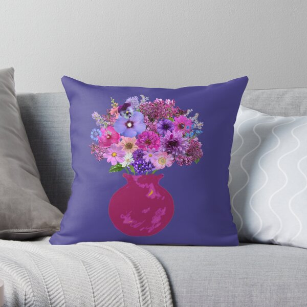 Magenta vase still life on deep periwinkle by Tea with Xanthe Throw Pillow