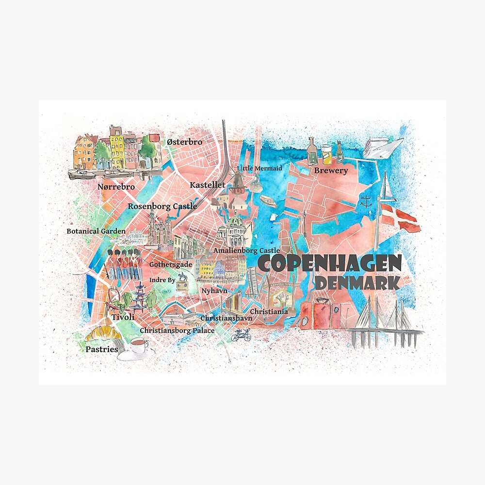 Copenhagen Denmark Map with Main Roads Landmarks and Poster for artshop77 | Redbubble