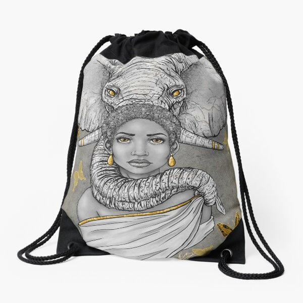 Wisdom| Beautiful Black Woman and Elephant Art Drawstring Bag