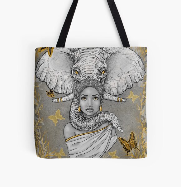 Wisdom| Beautiful Black Woman and Elephant Art | Black women art All Over Print Tote Bag