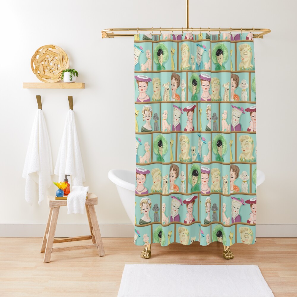 Collectible Lady Head Vases Vintage Kitsch with Cats and Dogs Shower Curtain