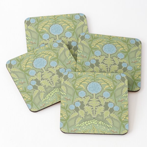 Item preview, Art Nouveau Blue Globe Thistles and Bees with Goldenrod Flowers and Stars designed and sold by vinpauld.