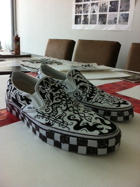 black and white vans with designs