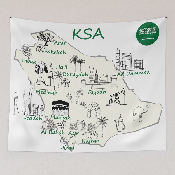 Item preview, Saudi Arabia Map hand drawn KSA tourist attractions cities flag  designed and sold by mashmosh.
