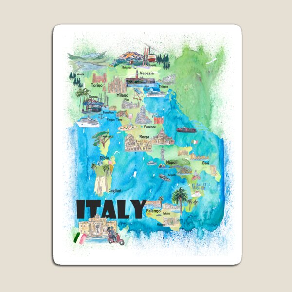 Italy Illustrated Travel Poster Favorite Map Tourist Highlights Magnet