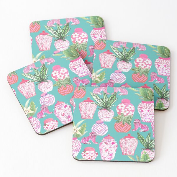 Item preview, Pink Chinese ginger jars on teal, Chinoiserie design designed and sold by MagentaRose.