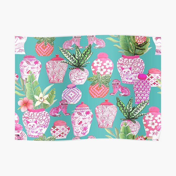 Pink Chinese ginger jars on teal, Chinoiserie design Poster
