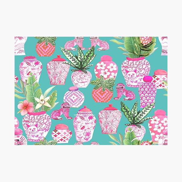 Pink Chinese ginger jars on teal, Chinoiserie design Photographic Print