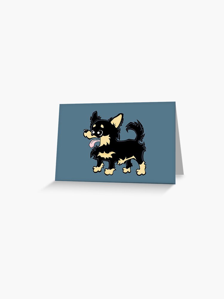 Chihuahua Long Hair Black Full Body Blue Bg Greeting Card By Thechicken Redbubble