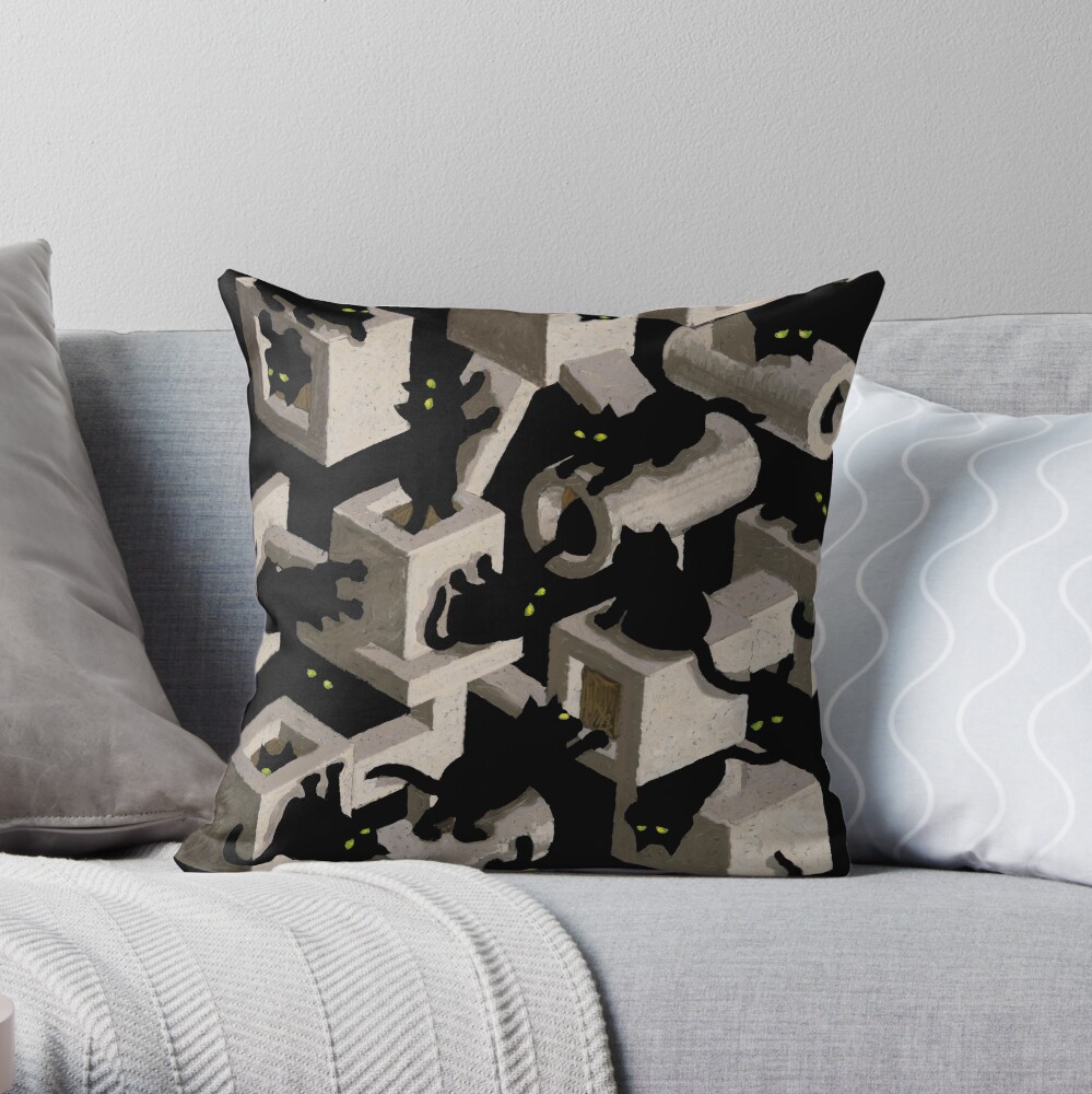 black cat tree optical illusion Throw Pillow