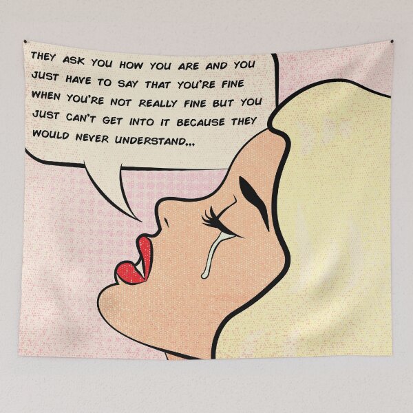 Item preview, Comic book pop art crying girl katy perry meme they ask you how you are and you just have to say you're fine designed and sold by MrDesign93.