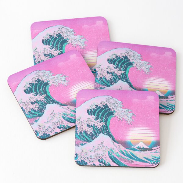 Vaporwave Aesthetic Great Wave Off Kanagawa Retro Sunset Coasters (Set of 4)