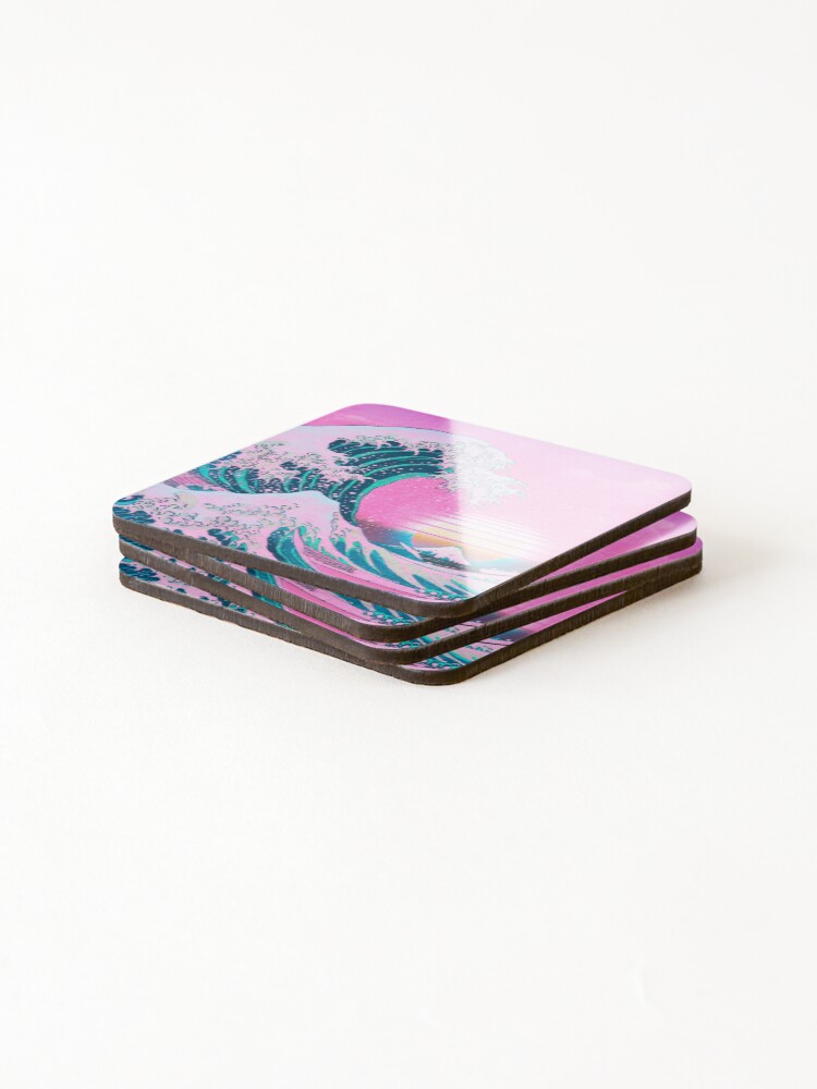 Alternate view of Vaporwave Aesthetic Great Wave Off Kanagawa Retro Sunset Coasters (Set of 4)