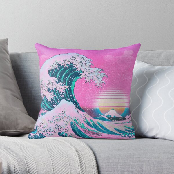 Vaporwave Aesthetic Great Wave Off Kanagawa Retro Sunset Throw Pillow