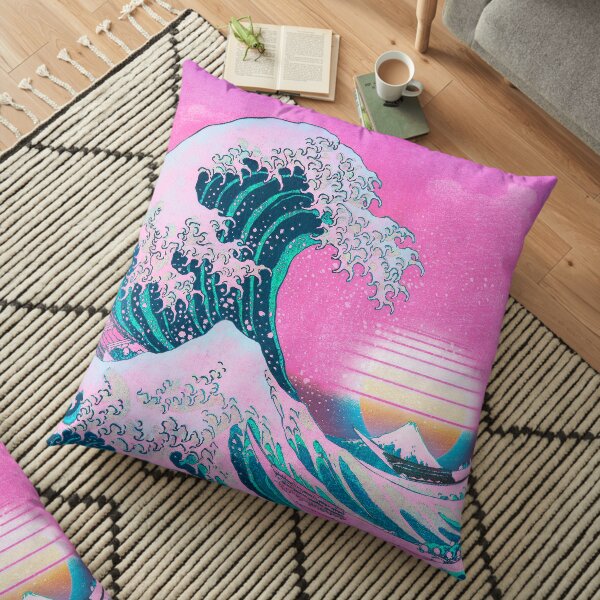 Vaporwave Aesthetic Great Wave Off Kanagawa Retro Sunset Floor Pillow