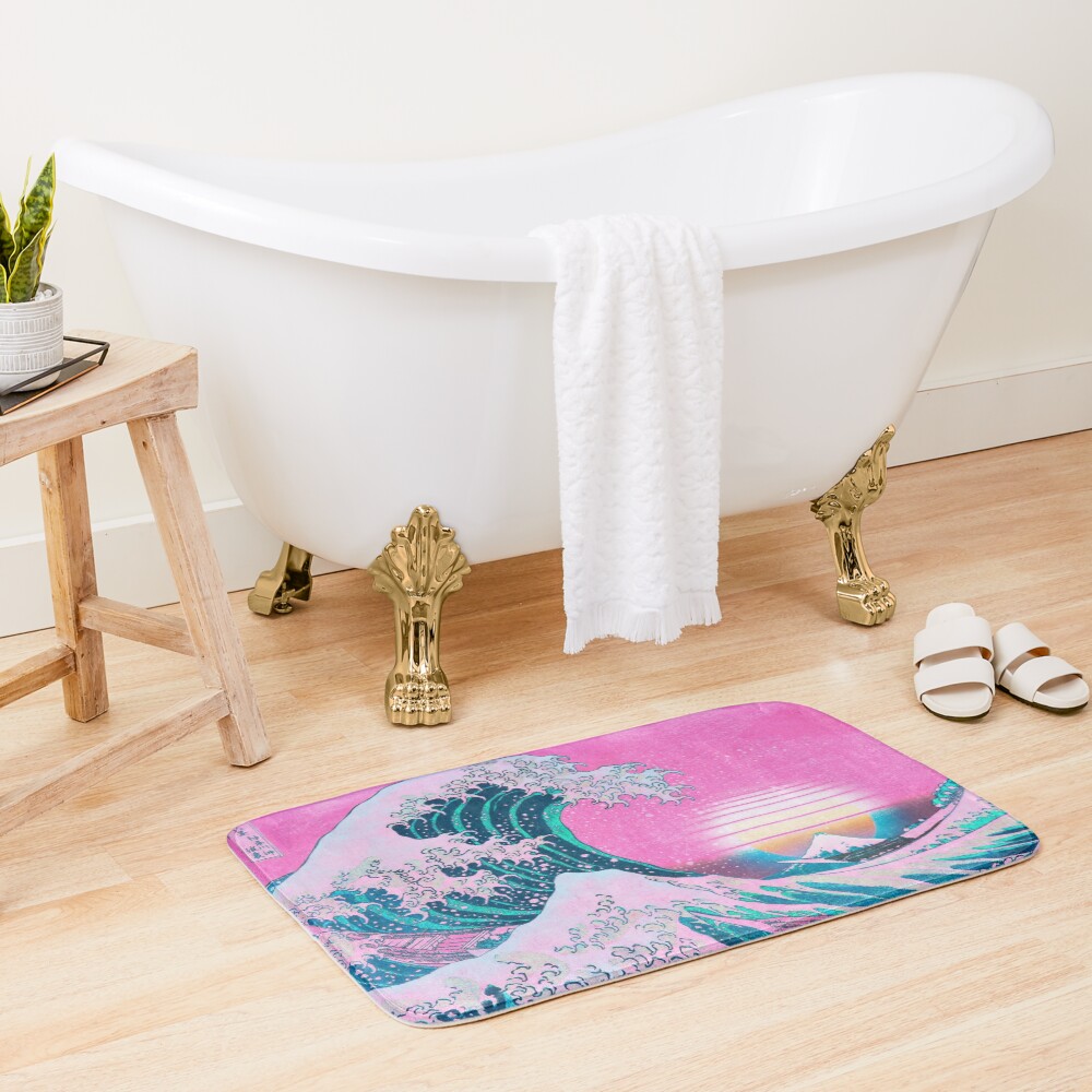 Vaporwave Aesthetic Great Wave Off Kanagawa Retro Sunset Bath Mat